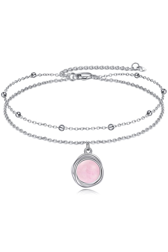 S925 Sterling Silver Rose Quartz Anklet Layered Chain Pink Crystal Ankle Bracelet for Women Summer Beach Rose Quartz Jewelry Gifts for Her Birthday
