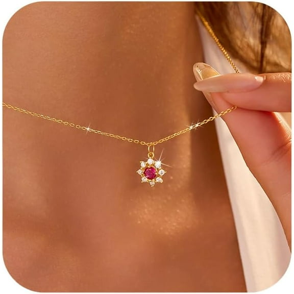 S925 Sterling Silver Ruby Red Birthstone Necklaces for Women Dainty 14k Gold Plated Sunflower Sunshine Pendant Necklace Elegant Round Cubic Zirconia Charm Chain Jewelry Gifts for Mom Wife