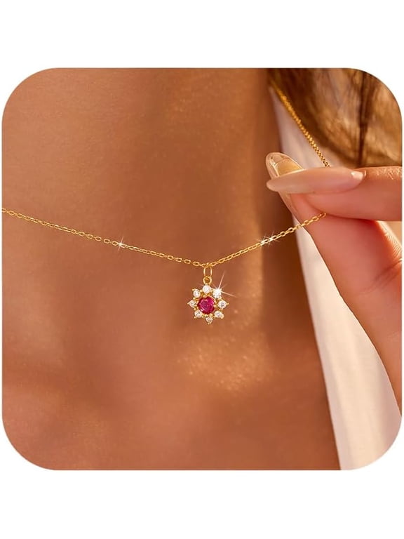 S925 Sterling Silver Ruby Red Birthstone Necklaces for Women Dainty 14k Gold Plated Sunflower Sunshine Pendant Necklace Elegant Round Cubic Zirconia Charm Chain Jewelry Gifts for Mom Wife
