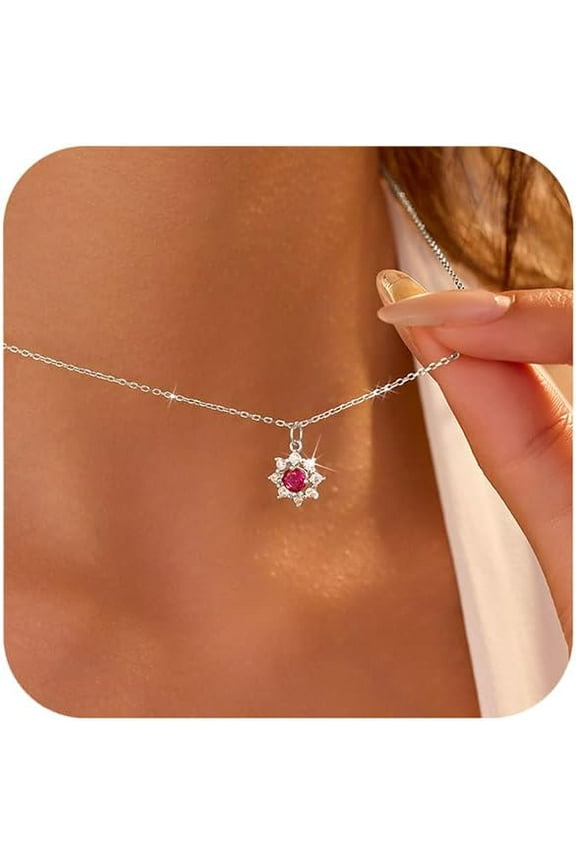 S925 Sterling Silver Ruby Red Birthstone Necklaces for Women Dainty 14k Gold Plated Sunflower Sunshine Pendant Necklace Elegant Round Cubic Zirconia Charm Chain Jewelry Gifts for Mom Wife