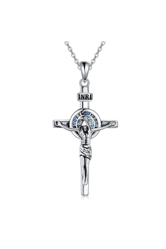 S925 Sterling Silver Saint Benedict Cross Necklace Patron Saint Catholic Protection Pendant Amulet Religious Jewelry for Men Women