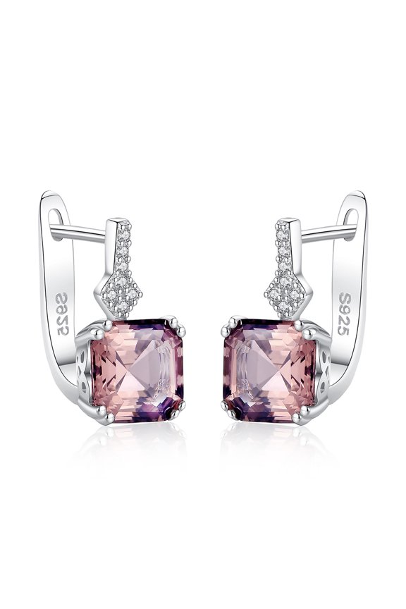 S925 Sterling Silver Shiny Morganite Natural Stone Square Hoop SEarrings For Women, Fine Christmas Party Jewelry