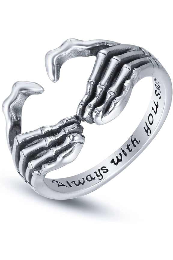 S925 Sterling Silver Skull Hand Rings for Women Men Gold Vintage Retro Punk Gothic Skeleton Adjustable Open Love Heart Shaped Statement Ring Rock Biker Day of The Dead Mens Jewelry Gifts