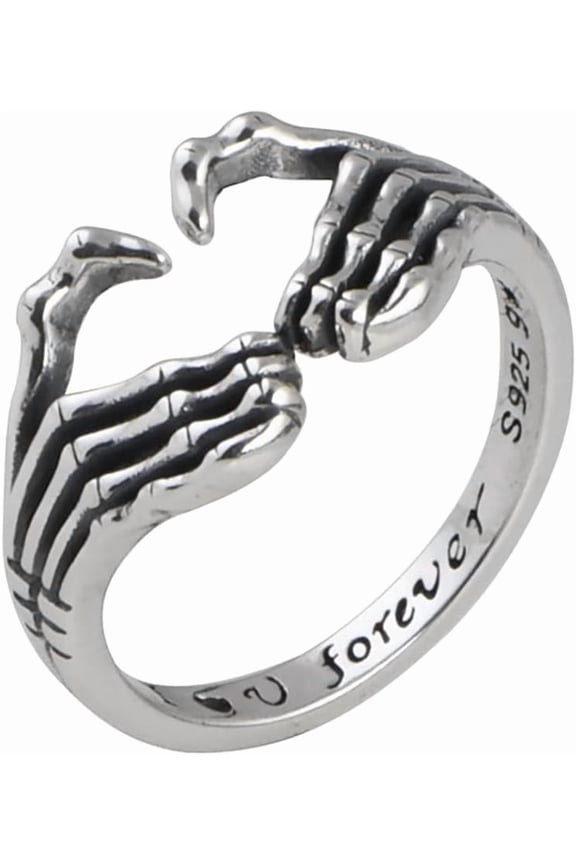 S925 Sterling Silver Skull Hand Rings for Women Men Gold Vintage Retro Punk Gothic Skeleton Adjustable Open Love Heart Shaped Statement Ring Rock Biker Day of The Dead Mens Jewelry Gifts