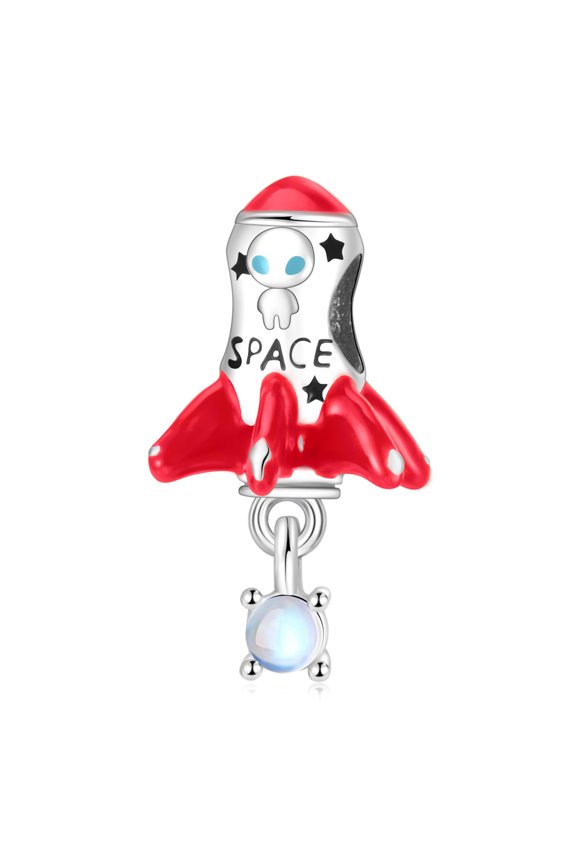 S925 Sterling Silver Space Rocket Charm with Red Enamel Nose and Blue CZ Dangle Fits Standard Women Charm Bracelets