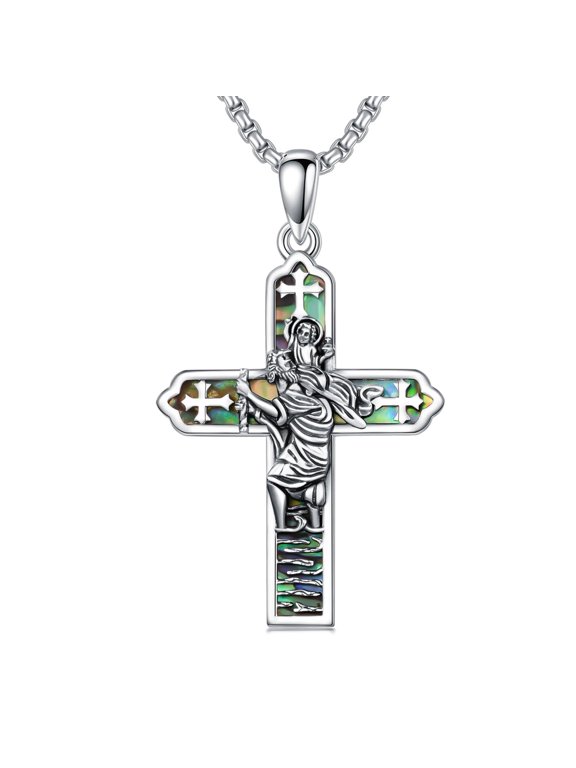 S925 Sterling Silver St Christopher Cross Necklace for Men Women Patron Saint Medals Necklace Protection Amulet Pendant Catholic Medallions Jewelry Gift (St Christopher-1)