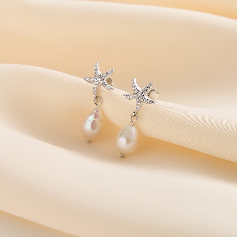 S925 Sterling Silver Starfish Dangle Stud Earrings with Natural Freshwater Pearl & S925 Stamp & Clear Cubic Zirconia Real Platinum Plated 24x9.5mm Sterling Silver+Pearl