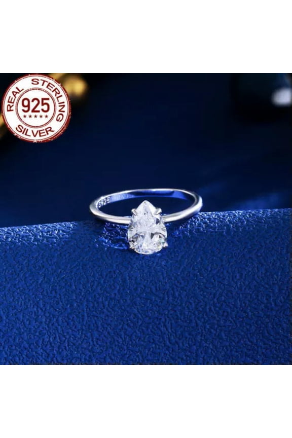 S925 Sterling Silver Teardrop Shaped Large Pear 2ct CZ Simulation Zirconia Ring