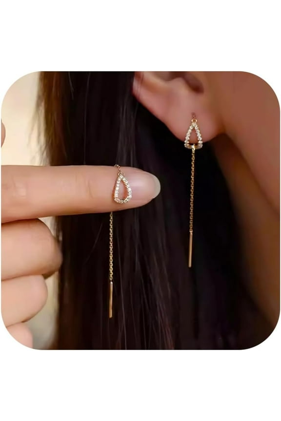 S925 Sterling Silver Threader Earrings for Women Dainty Long Chain Ear Line with Cubic Zirconia Elegant Dangle Tassel Earrings Heart Earring Wedding Jewelry Christmas Weeding Gifts for Her