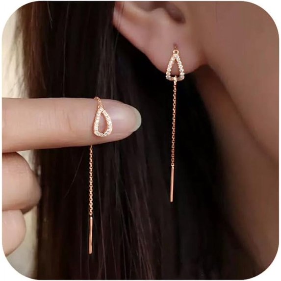 S925 Sterling Silver Threader Earrings for Women Dainty Long Chain Ear Line with Cubic Zirconia Elegant Dangle Tassel Earrings Heart Earring Wedding Jewelry Christmas Weeding Gifts for Her