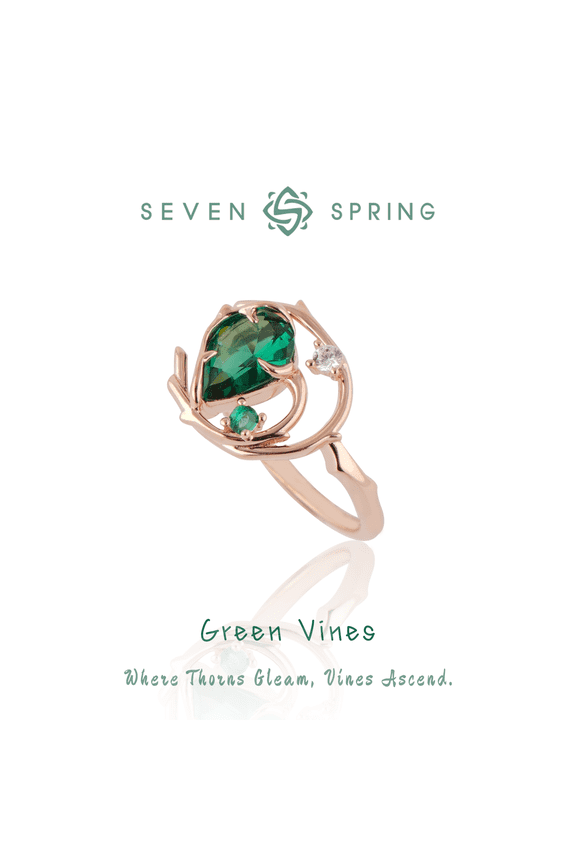 S925 Sterling Silver Vine Leaf Ring with Heart-Cut Synthetic Spinel & Cubic Zirconia, Rose Gold Plated Nature Inspired Jewelry for Women