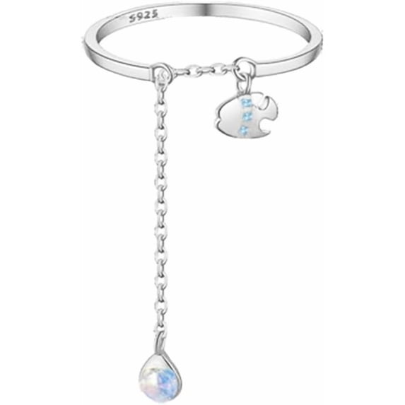 S925 Sterling Silver Wrap Adjustable Band Rings for Women Tiny Round Cubic Zirconia Link Chain Tassel Dangle Fish Rings Engagement Promsie Finger Band