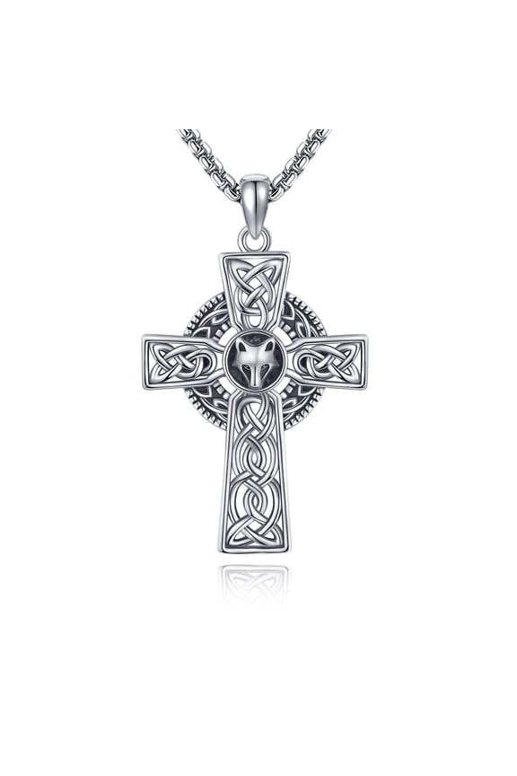 S925 sterling silver Wolf cross necklace, Celtic Viking necklace, Gothic Nordic jewelry, 22+2 inches