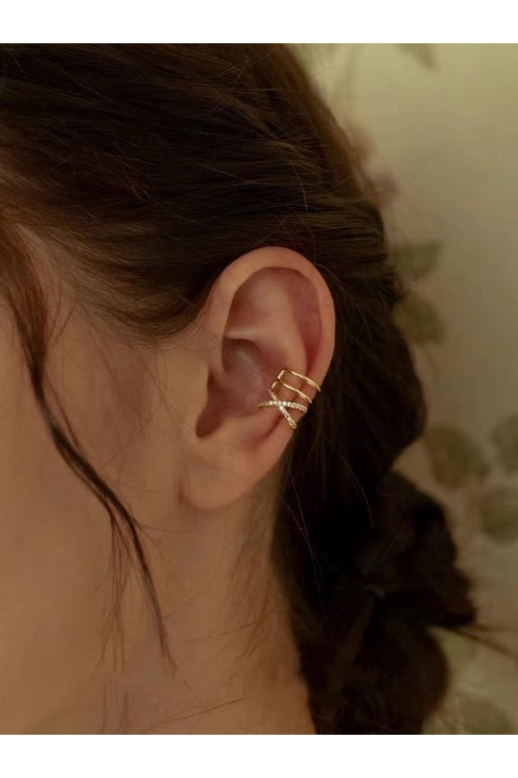 S925 sterling silver sparkling diamond double-layer line ear clip women's ear bone clip stacking sense niche design cross pierced earrings-Glod