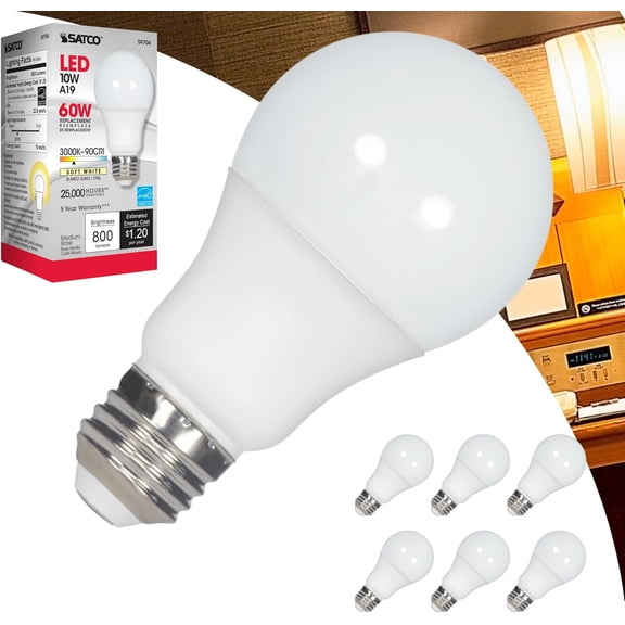 S9704 10W A19 LED Bulb, 3000K Soft White, 800 Lumens, 90+ CRI, Frosted Finish, 220 Omni-Directional Beam, Medium E26 Base, Dimmable, 120V, Enclosed Fixture Rated, 25,000 Hour Life (6 Pack)