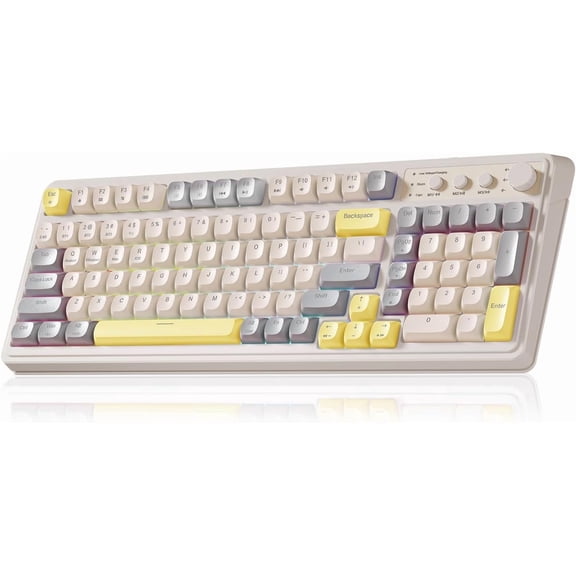 S99 Gaming Keyboard, Computer Keyboards, Creamy Keyboard Full Size Cute Backlit Media Knob Programmable Tri-Mode /2.4GHz/USB-C Keyboard for PC Gamer - Grey & Yellow