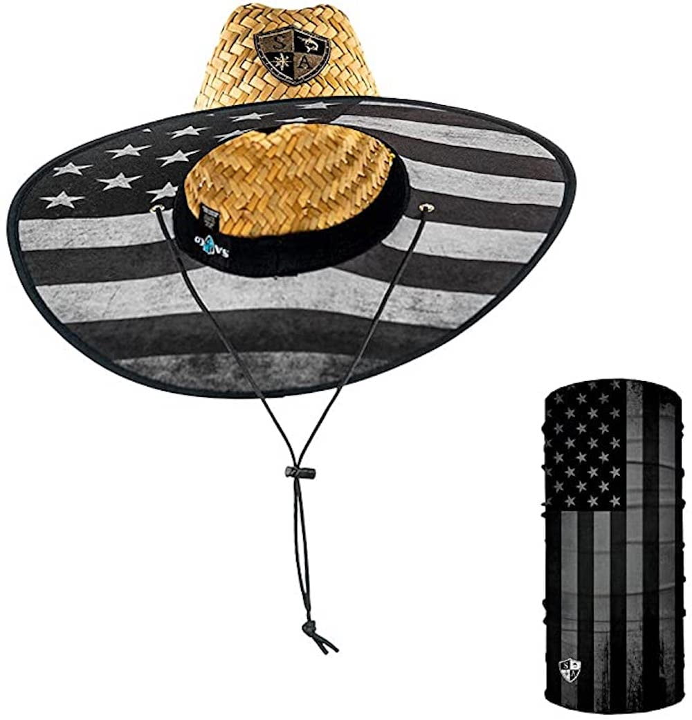 SA Company Straw Hat - Blackout American Flag Under Brim Straw Hat for Men  and Women - UPF 50+ Sun Hat and American Flag Neck Gaiter 