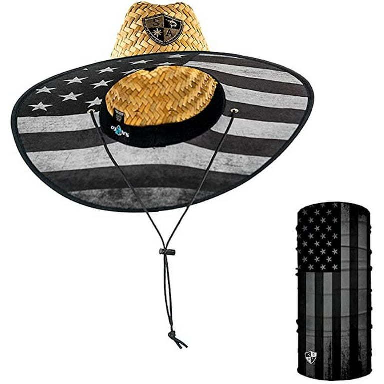 SA Company Straw Hat - Blackout American Flag Under Brim Straw Hat for Men  and Women - UPF 50+ Sun Hat and American Flag Neck Gaiter
