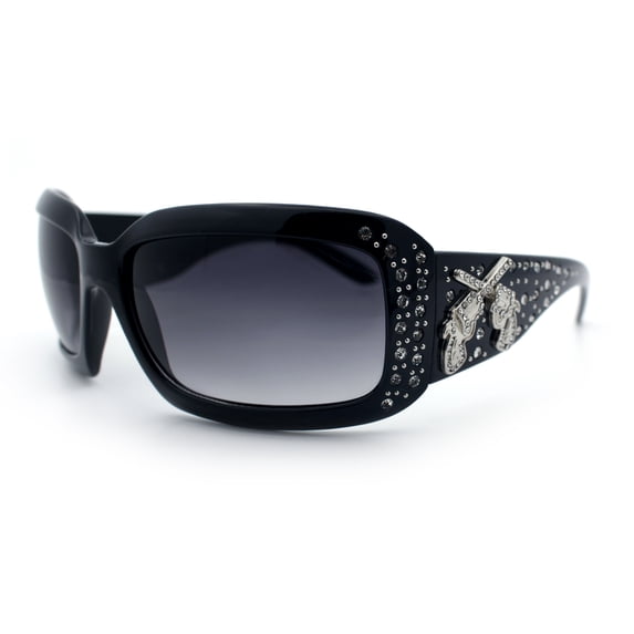 SA106 Bling Cross Revolver Gun Jewel Rhinestone Rectangular Fashion Sunglasses Black Frame - Gradient Black Lens
