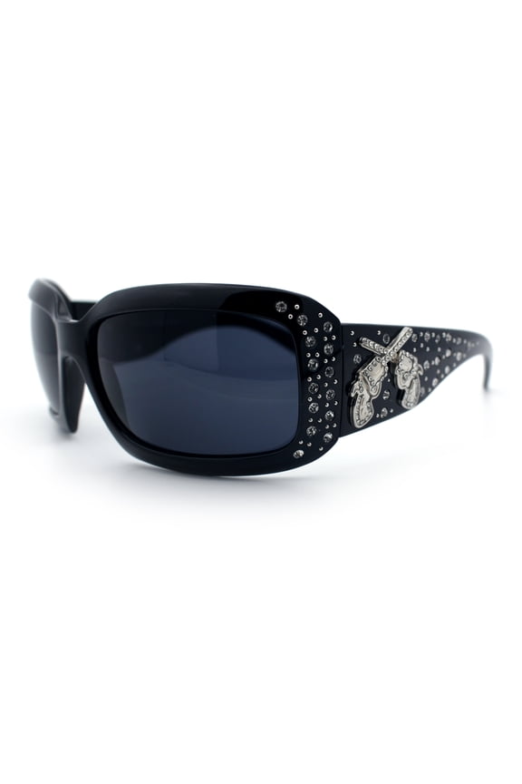 Bling Cross Revolver Gun Jewel Rhinestone Rectangular Fashion Sunglasses Black Frame - Solid Black Lens