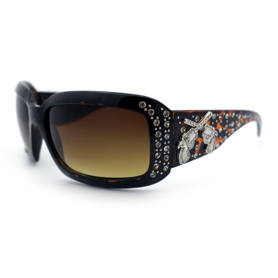 SA106 Bling Cross Revolver Gun Jewel Rhinestone Rectangular Fashion Sunglasses Tortoise Frame - Gradient Brown Lens