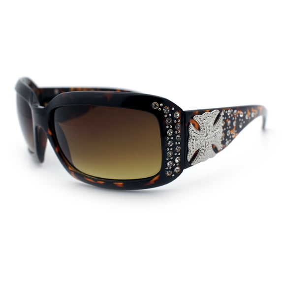 SA106 Bling Square Celtic Cross Jewel Rhinestone Rectangular Fashion Sunglasses Tortoise Frame - Gradient Brown Lens