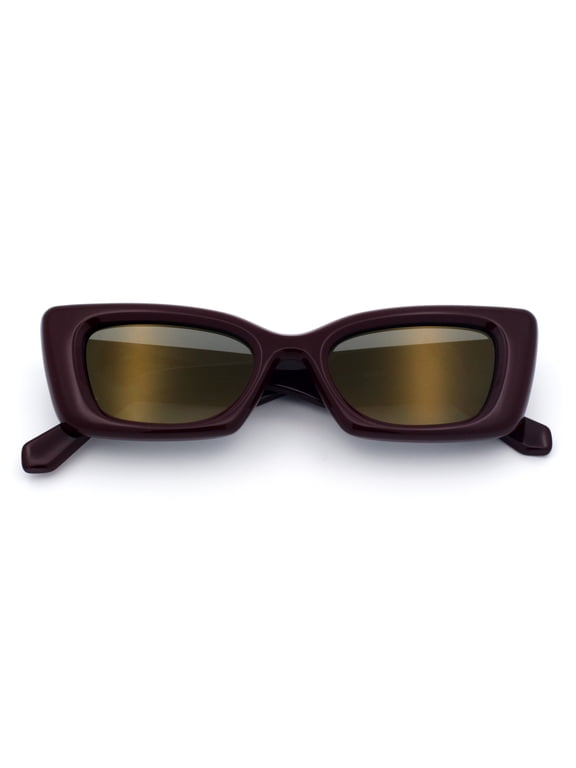 Chunky Cat Eye Retro Narrow Rectangle Mod Gothic Sunglasses / Burgundy - Gold Mirror
