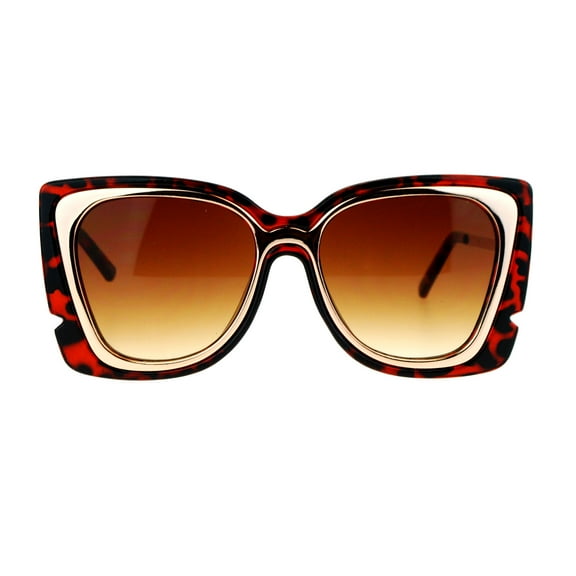 SA106 Double Frame Rectangular Oversize Cat Eye Sunglasses Tortoise Gold