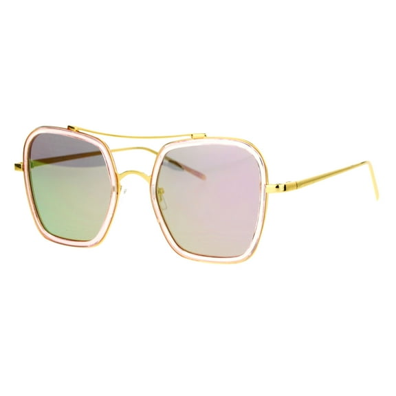 SA106 Double Rim Oversize Flat Lens Rectangular Butterfly Sunglasses Pink Mirrored