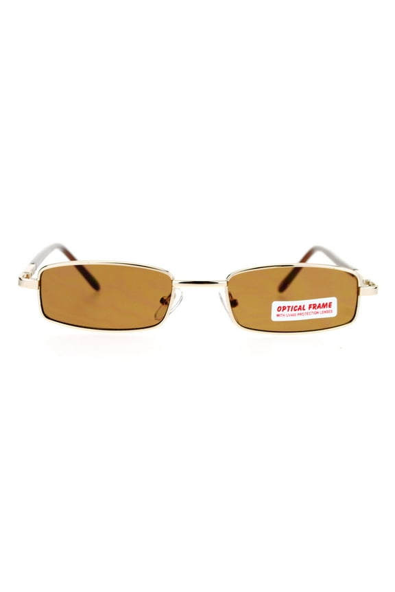 Extra Small Mens Rectangular Metal Rim Classic Color Lens Sunglasses Gold Brown