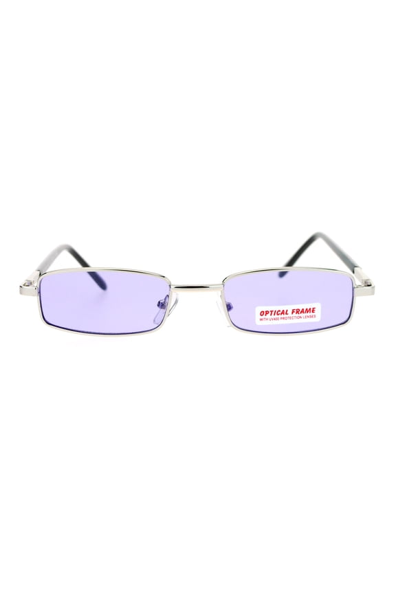 Extra Small Mens Rectangular Metal Rim Classic Color Lens Sunglasses Silver Purple