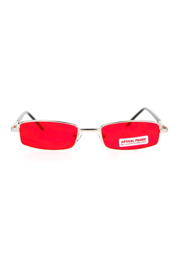 Extra Small Mens Rectangular Metal Rim Classic Color Lens Sunglasses Silver Red