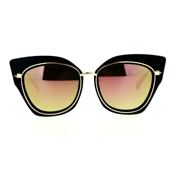 SA106 Flat Panel Mirror Lens Oversize Cat Eye Double Frame Womens Sunglasses Black Gold Peach