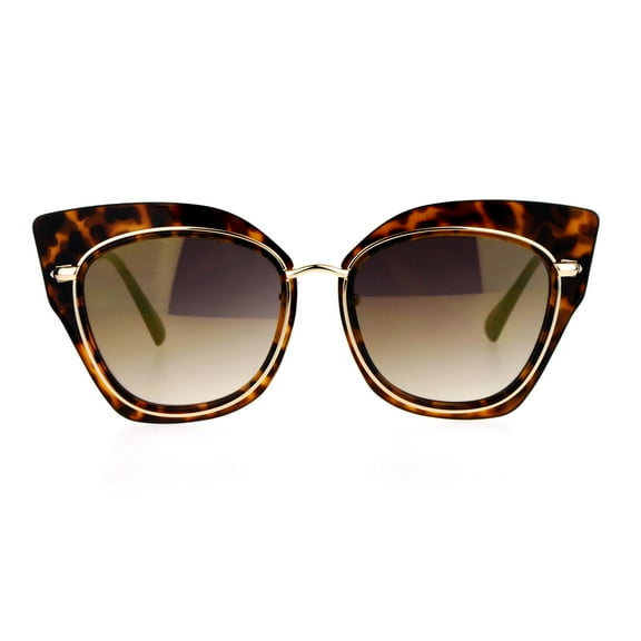 SA106 Flat Panel Mirror Lens Oversize Cat Eye Double Frame Womens Sunglasses Tortoise Brown