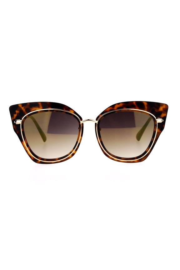 Flat Panel Mirror Lens Oversize Cat Eye Double Frame Womens Sunglasses Tortoise Brown