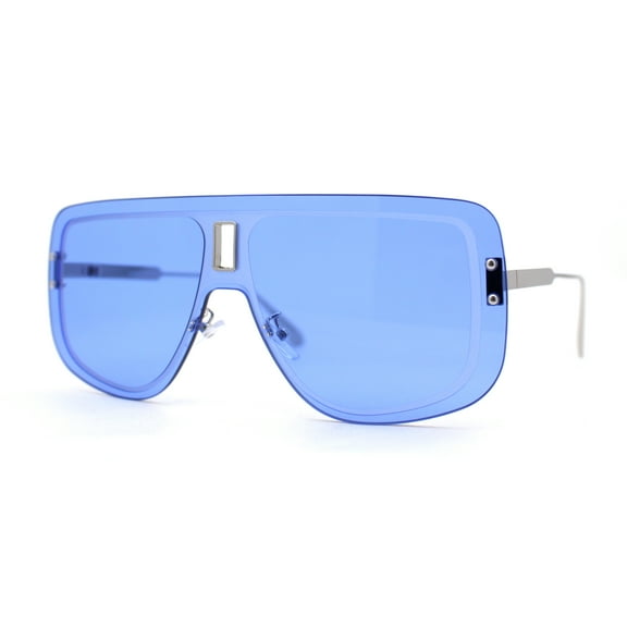 SA106 Full Rimless Flat Top Shield Mobster Sunglasses Silver Blue