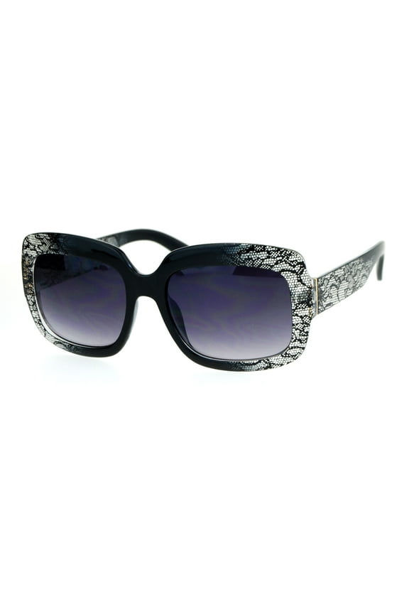 Lace Print Rectangular Thick Plastic Butterfly Sunglasses Black