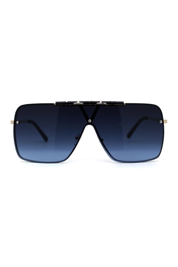 Luxury Rimless Oversize Shield 90s Fashion Sunglasses Gold Navy