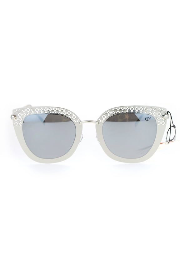 Luxury Womens Floral Die Cut Metal Brow Cat Eye Sunglasses Silver Mirror