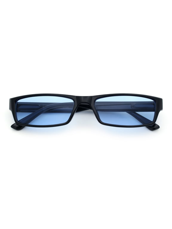 Mens Hippie Hustler Color Lens Narrow Rectangular Black Frame Sunglasses Blue Lens