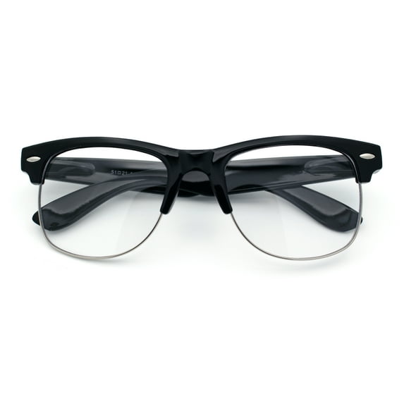 SA106 Mens Hipster Half Horn Rim Clear Lens Geek Fashion Eyeglasses Black Silver - Clear