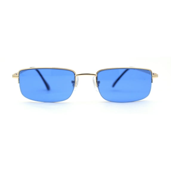 SA106 Mens Pop Color Lens Half Rim Narrow Rectangular 90s Dad Sunglasses Gold - Blue