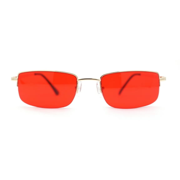 SA106 Mens Pop Color Lens Half Rim Narrow Rectangular 90s Dad Sunglasses Gold - Red