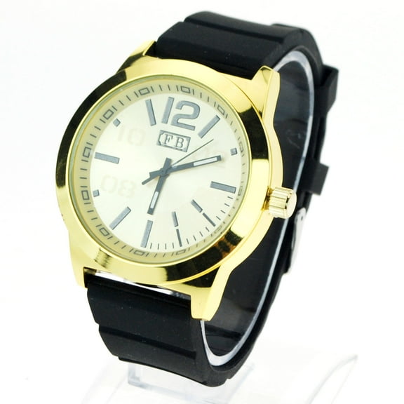 SA106 Mens Silicone Buckle Band Minimal Round Analog Quartz Wrist Watch All Gold