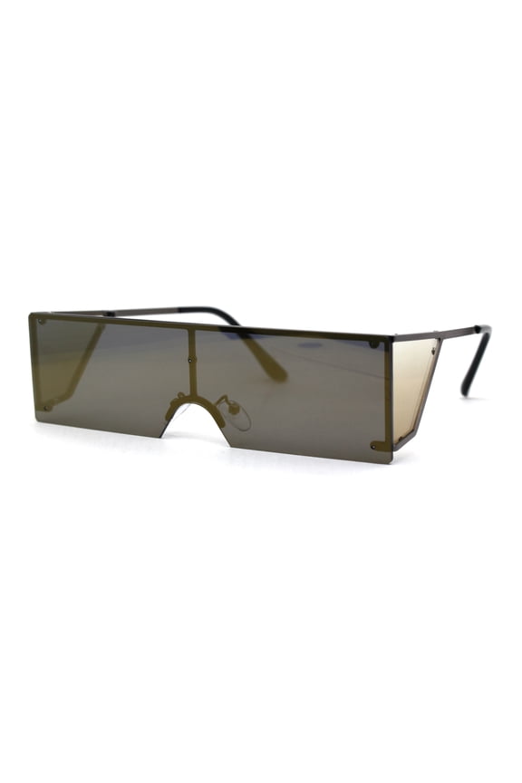 Mirrored 80s Retro Squared Rectangle Side Visor Robotic Sunglasses Gunmetal Gold
