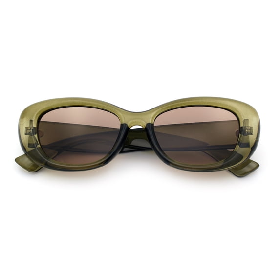 SA106 Mod Fashion Clout Chunky Beveled Retro Oval Rectangle Sunglasses - Green Frame / Brown Lens