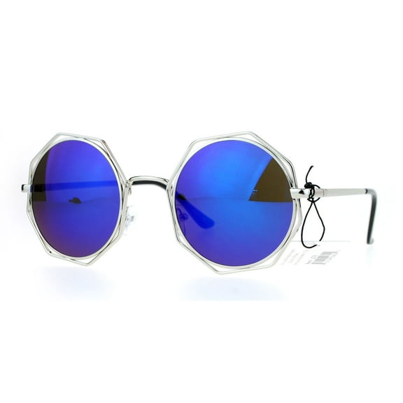SA106 Octagonal Double Rim Circle Lens Womens Sunglasses Silver Blue