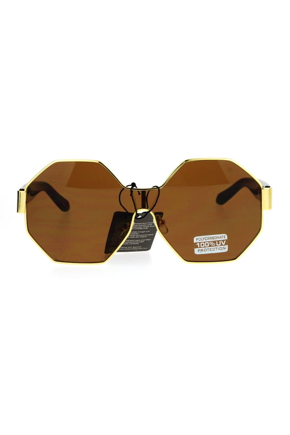 Octagonal Shield Robotic Large Futuristic Fashion Sunglasses Gold Brown