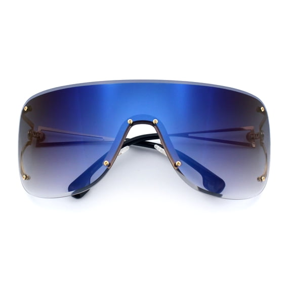SA106 Oversized Rimless Shield Visor Wrap Around Sunglasses / Gold - Blue Mirror