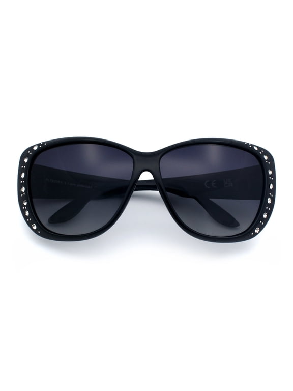 Polarized 55mm Fit Over OTG Butterfly Rhinestone Diva Sunglasses Shiny Black Frame - Smoke Lens